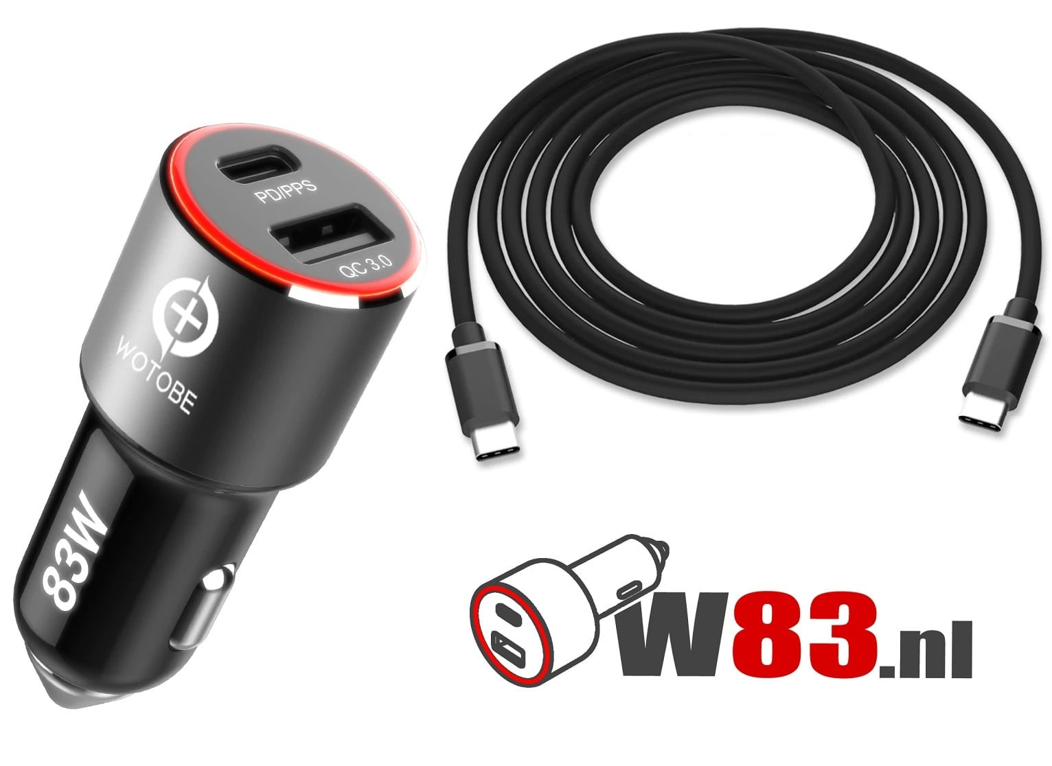 W83 Snellader Usb C 12v / Autolader (83 watt)